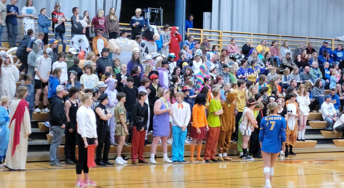 RCTigersAD's tweet image. Tigers take set 1 25-15 from the Rails. Student section is warming up for Halloween!