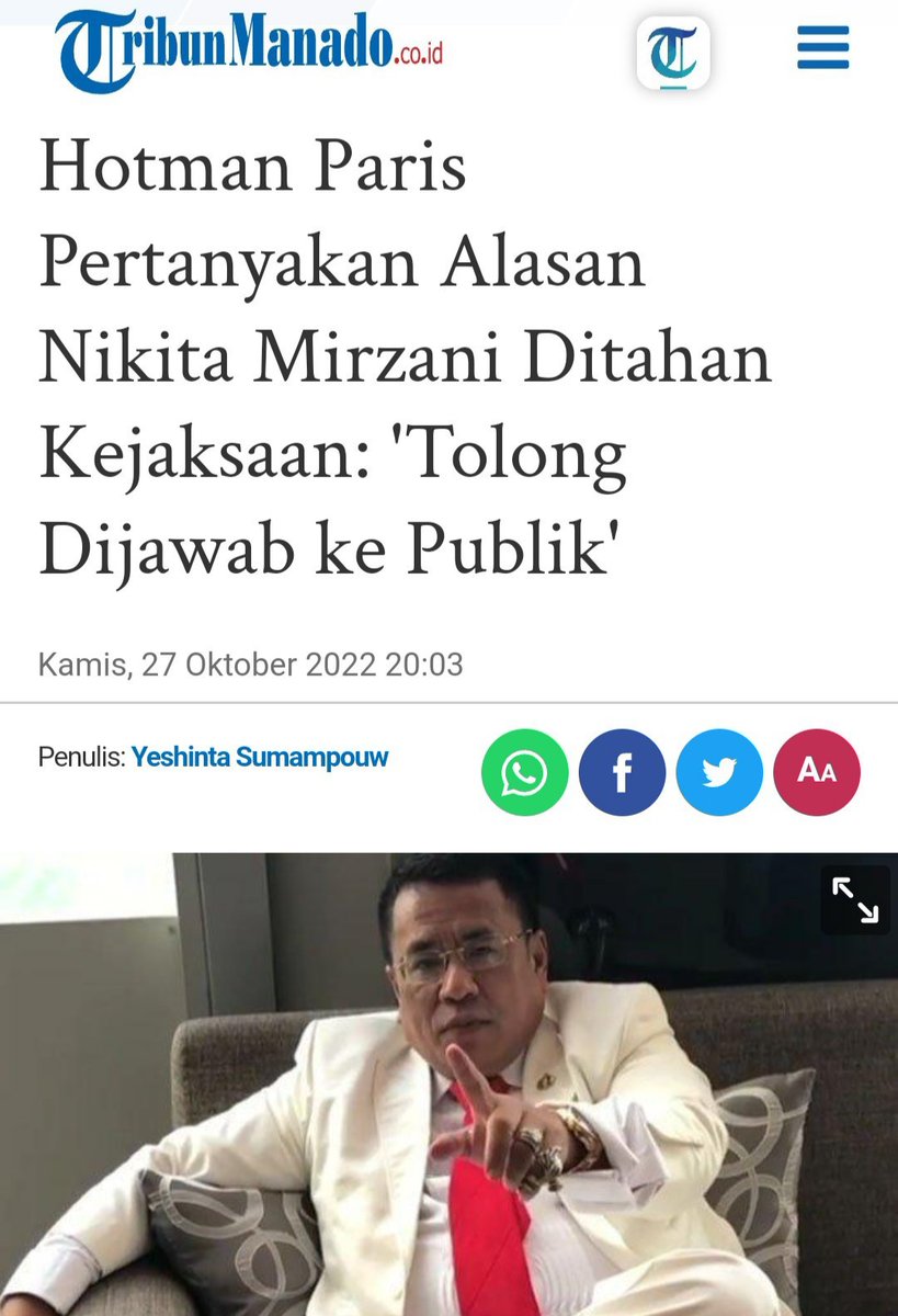 Hotman Paris pertanyakan alasan penahanan Nikita Mirzani.

Sebelum tersangka saja rumahnya sudah dikepung sejak subuh, bandingkan dengan Bahar saat pemberitahuan tersangka oleh Polisi sambil sungkem segan dan hormat segala macam.

Polisi standar ganda dan bela pihak yang bayar