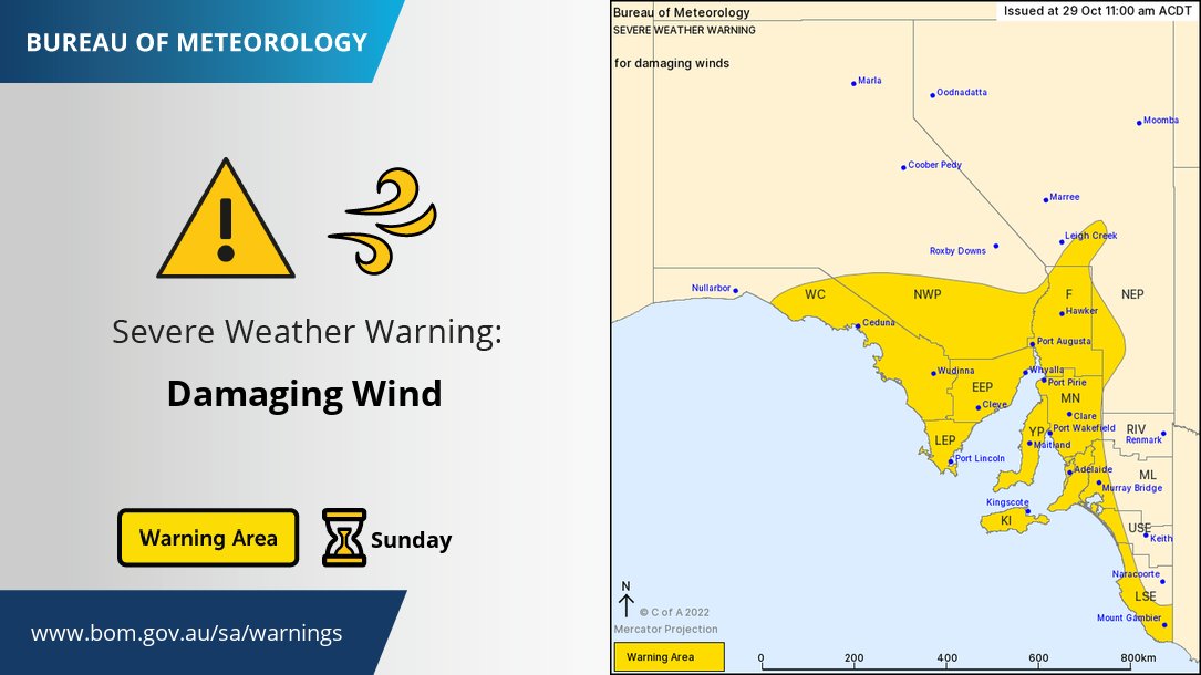A Severe Weather Warning has been issued for damaging winds over southern parts of #SouthAustralia on Sunday. Keep up to date with the latest warnings at ow.ly/hgyZ50LoIZW