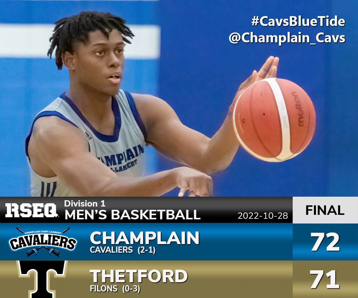 Champlain_Cavs's tweet photo. MBB: Cavaliers come back in 4th and hold on to win 72-71 over Thetford in @RSEQ1 D1 basketball action this evening. Cavs don't have much time to relax as they host the @vanierathletics Cheetahs in a Sunday matinee game at 15:00. #RollBlueTide #CavsBlueTide #TheChamplainCavs https://t.co/HANfZFulHD