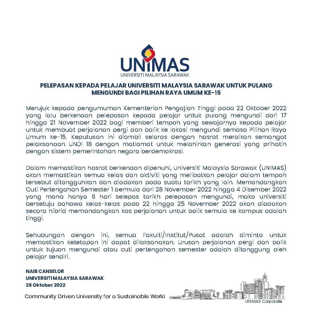 mppunimas's tweet photo. PELEPASAN KEPADA PELAJAR UNIVERSITI MALAYSIA SARAWAK UNTUK PULANG MENGUNDI BAGI PILIHAN RAYA UMUM KE-15 https://t.co/q53LFf5Nt7