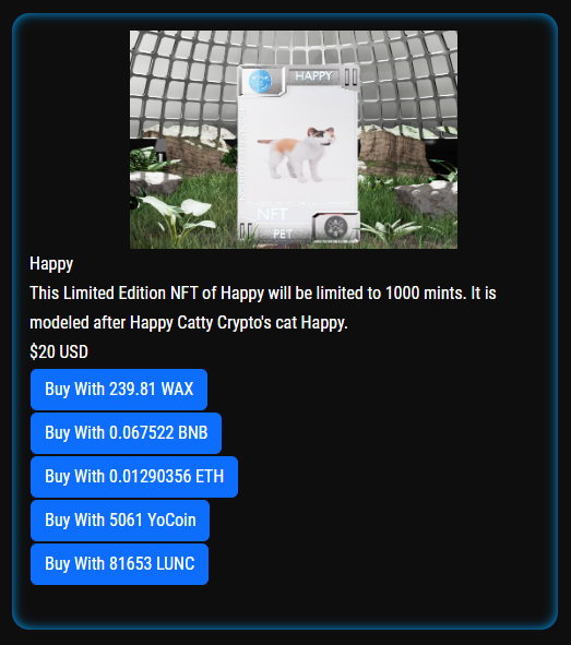 ExoOurUniverse's tweet photo. We are doing a live test of our cross chain marketplace and are offering "Happy" our first partnered pet NFT at a special price for the next 24  hours.   https://t.co/KSFtIvWr24
 More details on discord https://t.co/sAdBYf9AGf
#LUNC #Metaverse @HappyCatKripto #LFG https://t.co/pJW3jJzX4d