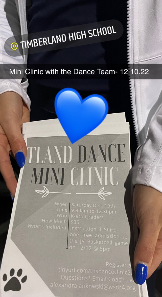 TrishaGrantham5's tweet photo. Hey there future Dancers, come dance with the Timberland Dance team on 12.10.22💙 Bring a friend 🥰 #miniclinic #dancers @ag_stl @GranthamAddy @THSdancers https://t.co/07I1QSD763