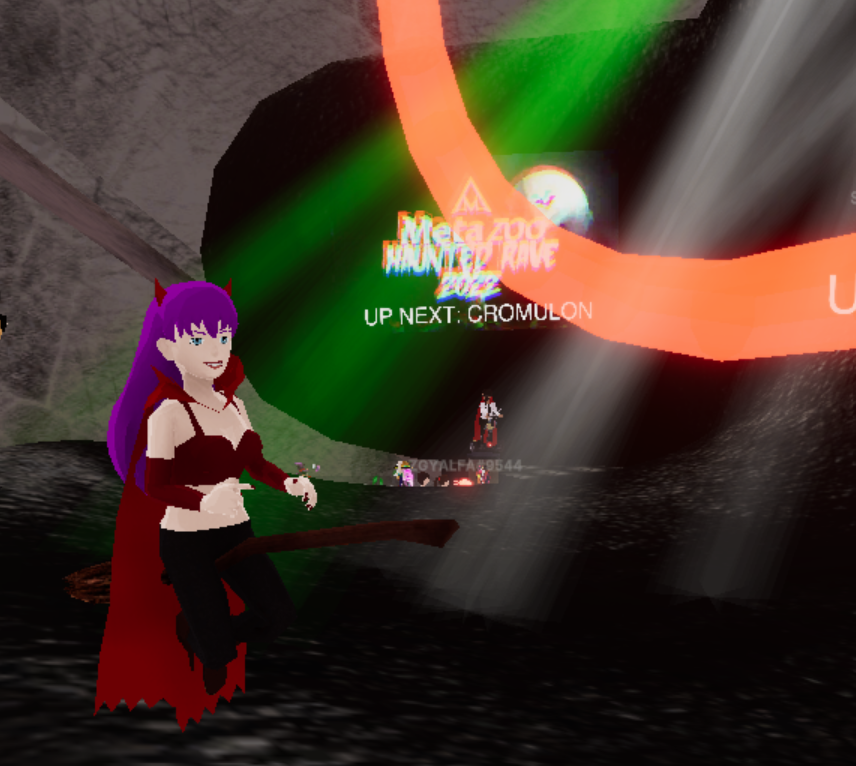 RoseBonnuit's tweet photo. At @Metazooxyz Haunted Rave high off a @Bufalomusic set and @Cromulonmusic is just starting - Come by @Decentraland 96,100 Everyone is here, grab a costume we're waiting for you #metaverse #DCL #metarave https://t.co/Q0QsO3dalT