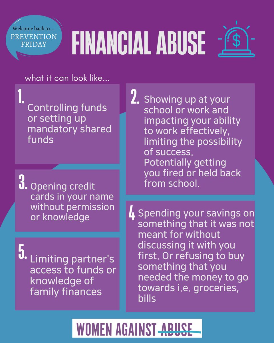 WomenAgnstAbuse's tweet photo. The 'M' in T.E.M.P.S. stands for Money or Financial Abuse. We see this when the perpetrator limits success in terms of financial freedom or independence. These are only some examples.
#preventionfridays #financialabuse #DVAM #TEMPS #preventionteam #Womenagainstabuse #ipv #dv https://t.co/7d7agwH0u7