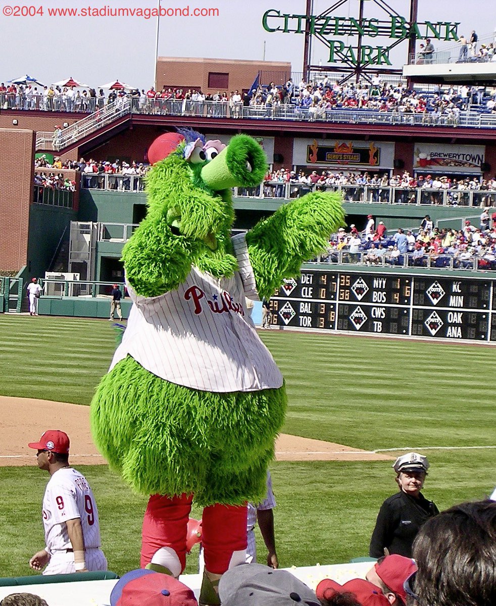 StadiumVagabond's tweet photo. Phillie Phanatic in 2004 - Outside of TX, we’re all Phillies fans for 2 weeks @Phillies @GrittyNHL @philliesphn #PhilliePhanatic #phanatic #phillies #philadelphiaphillies #eagles #flyers #sixers #worldseries #aaronnola #bryceharper #ws22 #astros #cheaters #trashcan #gritty https://t.co/PNcaR5ZpYC