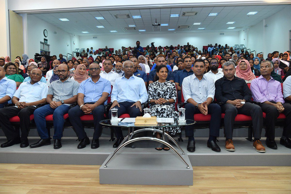 presidencymv's tweet photo. President @ibusolih and First Lady Fazna Ahmed attend a lecture by Professor Patrick D. McGorry on the subject "Young Minds Matter." Professor McGorry is a world-leading clinician, researcher, and reformer in the areas of early psychosis, intervention and youth mental health. https://t.co/92keePfpdr