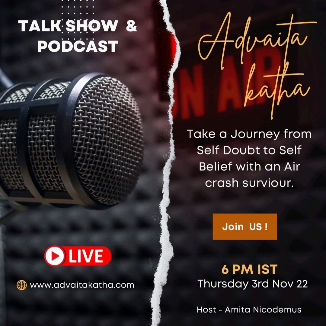 Amita00675136's tweet photo. #inventyourflow #advaitakatha #life #journey #stories #truth #fear #courage #silverlining #aviation 

Advaita katha series #1 is on Aviation.

on 3rd Nov: join us as we get into a conversation with a Pilot who is an Air crash survivor. 
@AdvaitaKatha @flyingamit https://t.co/dkiMtpePKX