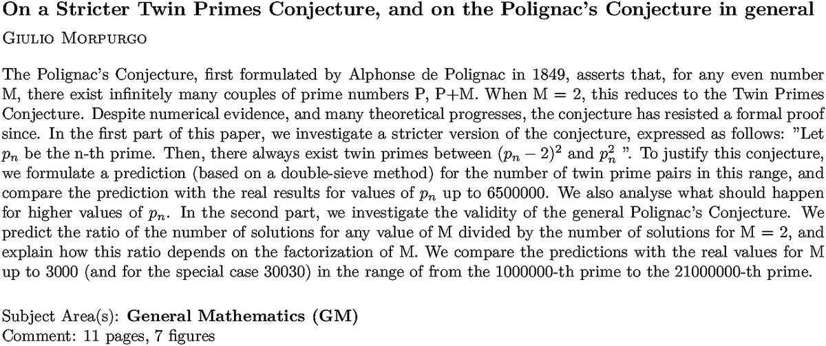 arxiv.org/abs/2210.15487…
G Morpurgo
On a Stricter Twin Primes Conjecture, and on the Polignac's Conjecture
  in general