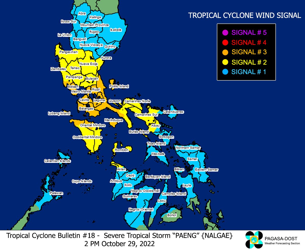 dost_pagasa's tweet photo. TROPICAL CYCLONE BULLETIN NO. 18
Severe Tropical Storm #PaengPH (NALGAE)
Issued at 2:00 PM, 29 October 2022
Next bulletin at 5:00 PM today

“PAENG” BEGINS TO MOVE WEST NORTHWESTWARD AND IS ABOUT TO MAKE LANDFALL IN THE VICINITY OF SAN JUAN, BATANGAS

https://t.co/yMDSd1Bjwc https://t.co/xT05QX4BX5