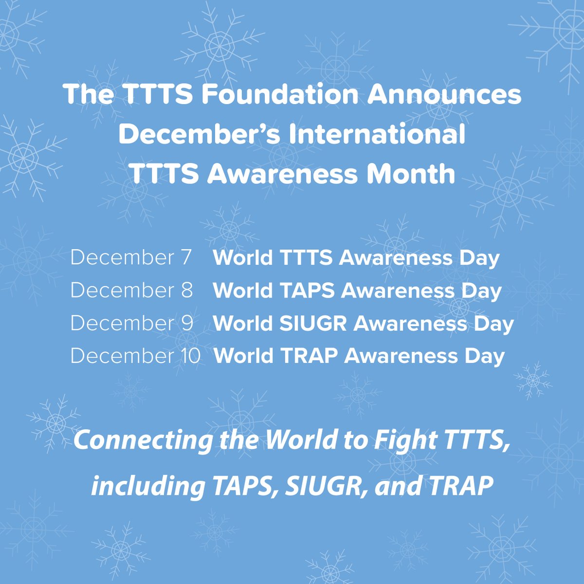 Join <a href="/TTTSFoundation/">The TTTS Foundation (TTTS, TAPS, SIUGR, TRAP)</a> and help us increase awareness and save lives all around the world.  #FIGHTTTTS #TTTS #fetalsurgery #TAPS #SIUGR #FIGHTTRAP #FIGHTSIUGR #TRAPsequence #TAPSisSILENT  #FIGHTTAPS #twinanemiapolycythemiasequence #twintotwintransfusionsyndrome #tttsfoundation