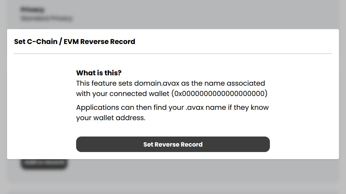 nglaix's tweet photo. 3️⃣ In the third panel (Reverse Records), click 'Set Reverse' and set it to the same 0x wallet address.

And you're done. Wait a few moments and you will be able to search for your wallet on @AvascanExplorer using your awesome new domain name!

4/4📄 https://t.co/SYsNk2TGWg