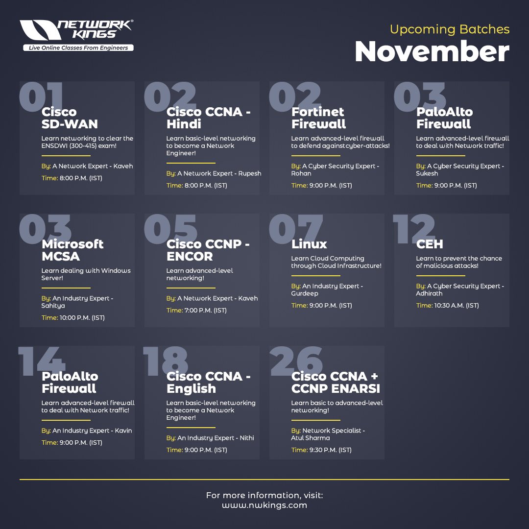 nwkingsofficial's tweet photo. Wake up, techies! ππ
Hereβs the list of our upcoming batches for November. π₯
Keep an eye on your favourite course. π
#networkkings #ccna #ccnp #firewall #cloud #tech #coding #engineer @engineering https://t.co/yc1ojaTQ8u