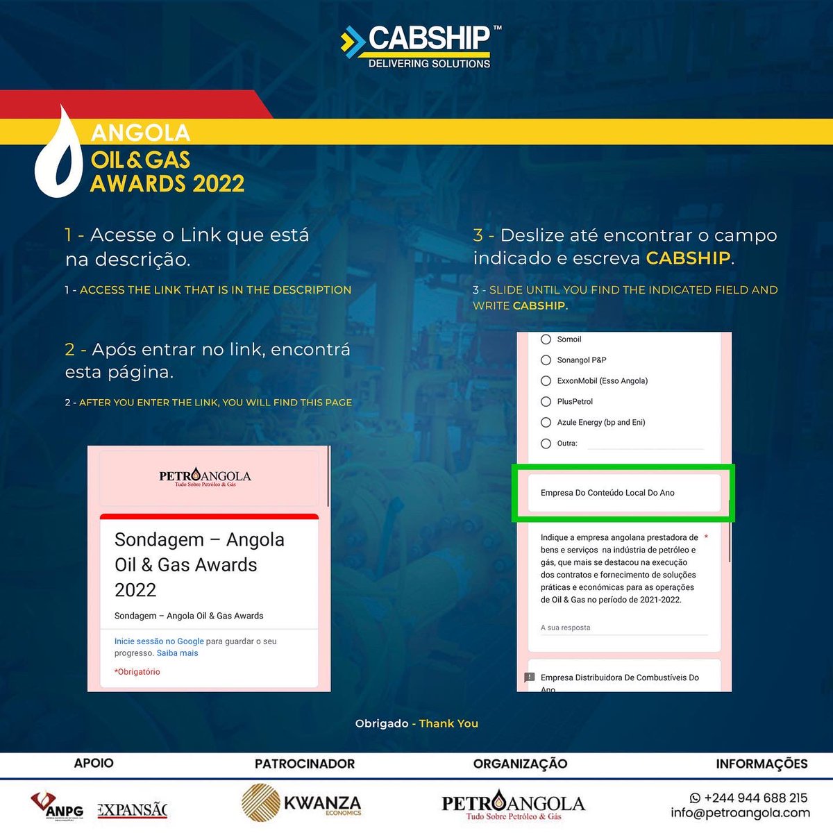 A CABSHIP FOI INDICADA COMO EMPRESA DE COTEUDO LOCAL DO ANO 2021/ 2022 PARA O ANGOLA OIL &amp; GAS AWARDS!
PARA VOTAR, ACESSE AO LINK lnkd.in/deVRSFik

#oilandgas #petroleoegas #angolaoilandgas #conteudolocal #conteudolocalangola