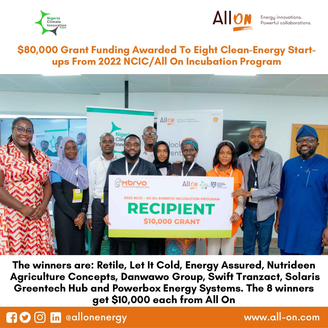 <a href="/AllOnEnergy/">All On</a> through its venture-building platform the All On Hub, in partnership with <a href="/nigeriacic/">NigeriaCIC</a> is pleased to announce the winners of the 2022 edition of the annual incubation program for early-stage renewable energy entrepreneurs.

To learn more ➡️ all-on.com/media/media-re…