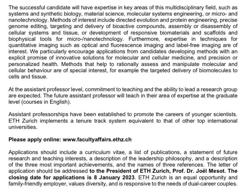 Being an @ETH Professor is one of the most prestigious jobs one can dream of at this side of the pond. @ETH_BSSE is looking for candidates for a Assistant Professor (Tenure Track) position on *Methods and Technologies for Molecular and Cellular Systems Engineering* 👇