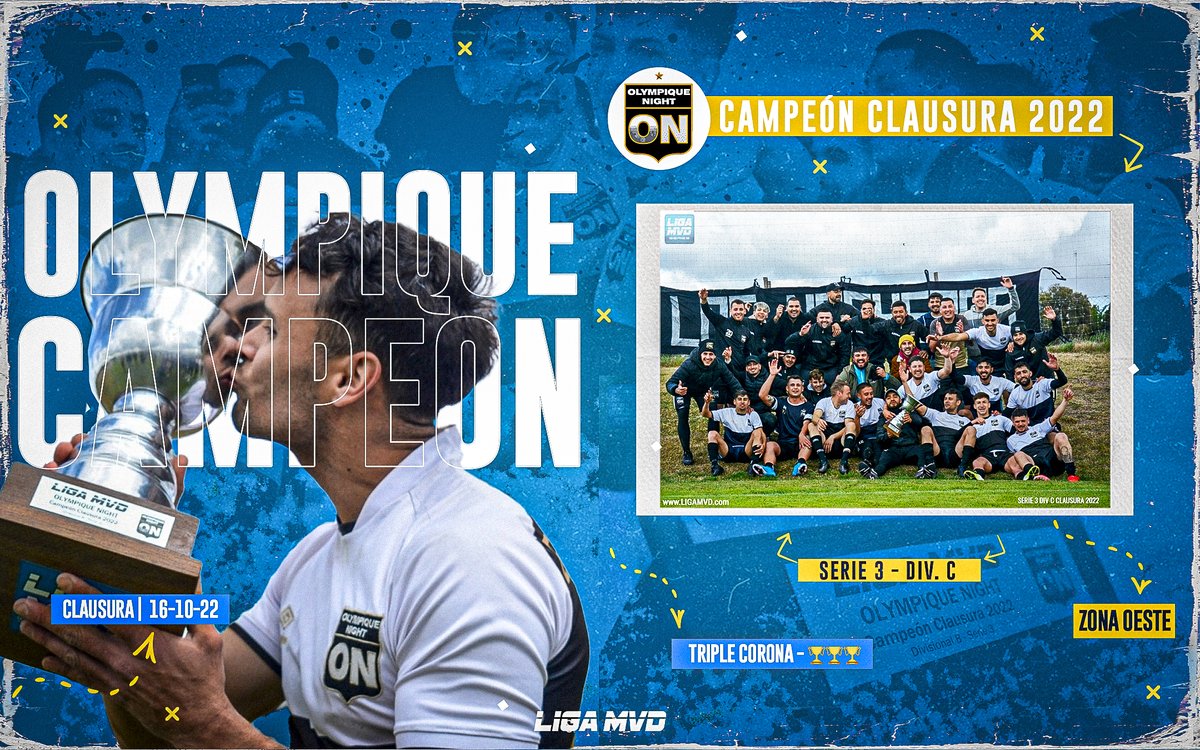 Dave_tz11's tweet photo. FUTBOL 11 | SERIE 3 | ZONA OESTE

OLYMPIQUE NIGHT CAMPEÓN CLAUSURA DIV C

🏆 Felicitamos a Olympique Night por su consagración como campeón del torneo Clausura 2022 en la Divisional C de la Serie 3 y la obtención de la triple corona. 

#modomvd https://t.co/1uXTpGIPQW
