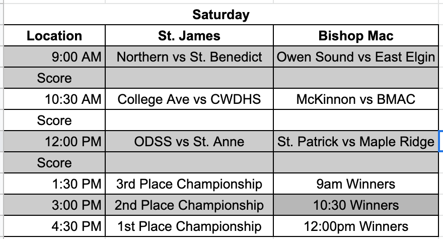 St. James Jr. Girls Tournament Saturday Schedule