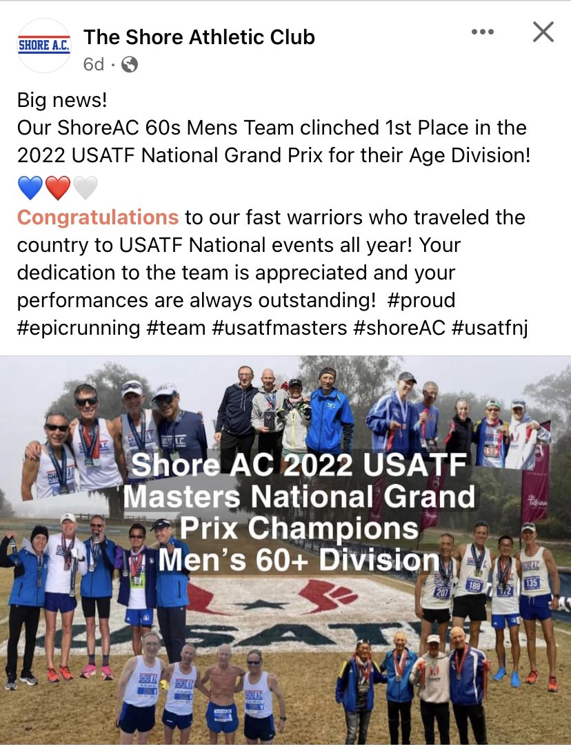 This group will be officially recognized @usatf Club XC Nationals in San Francisco on December 10, but the results are in…Congratulations to our men’s 60+ team on winning the National LDR Series title! They join our Women’s 50+ team as tops in the nation! #Champs #theshoreac