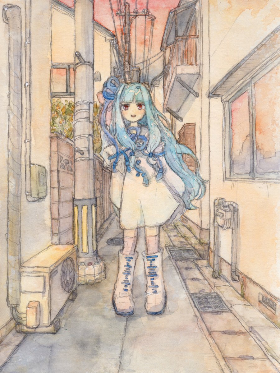 kotonoha aoi 1girl solo blue hair long hair dress boots open mouth  illustration images