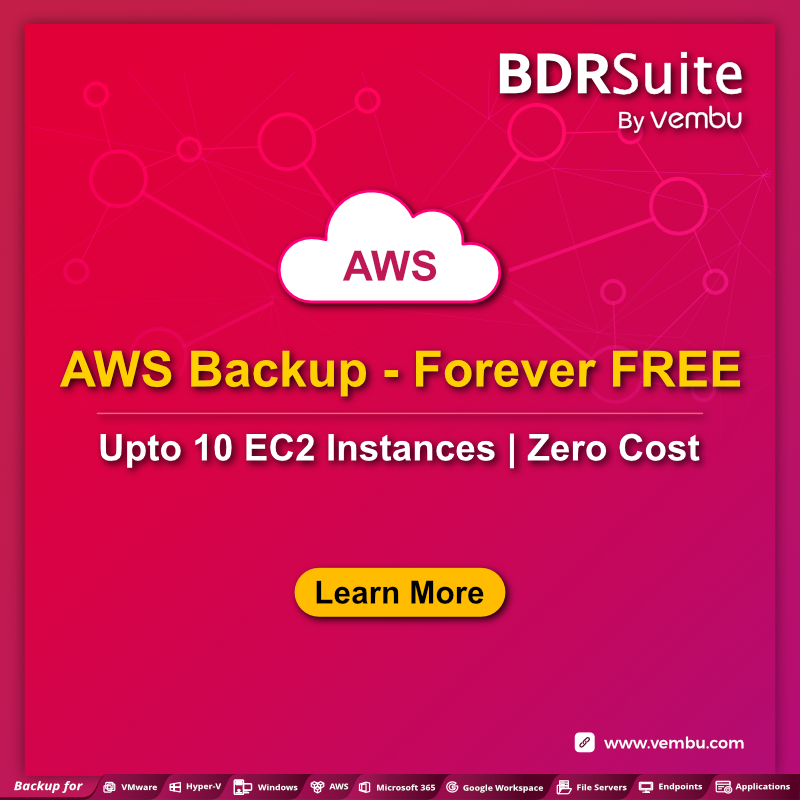 vembutech's tweet photo. Free #AWS #Backup up to 10 #EC2 Instances without feature restrictions. Agentless Cloud-native automated backups with Instance & Volume level restore. Download BDRSuite Now. https://t.co/0j0GUd246l
#AWSbackup #EC2instances #dataprotection https://t.co/qaZFI0sbtq