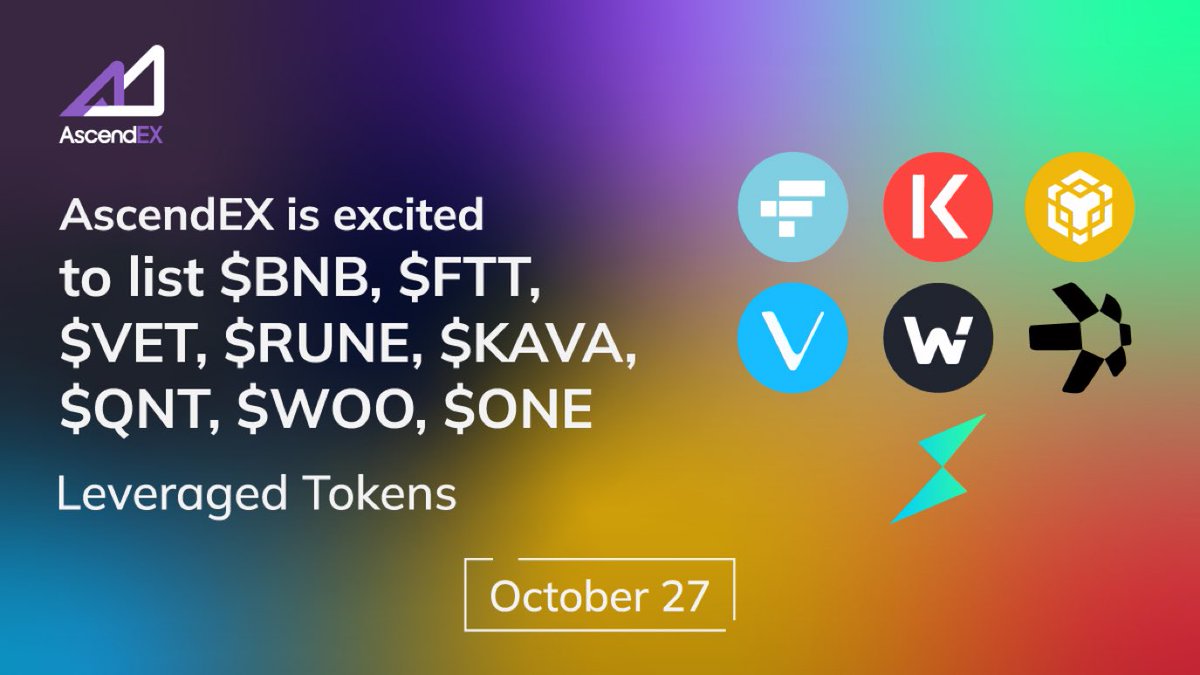 🗣️お知らせ!

#AscendEX が新たに8つのレバレッジトークンを追加し、取引可能に!
$BNB, $FTT, $VET, $RUNE, $KAVA, $QNT, $WOO, $ONE 

今すぐ取引開始👉 ascendex.media/3fb4nsD

#AscendexListing
#レバレッジドトークン