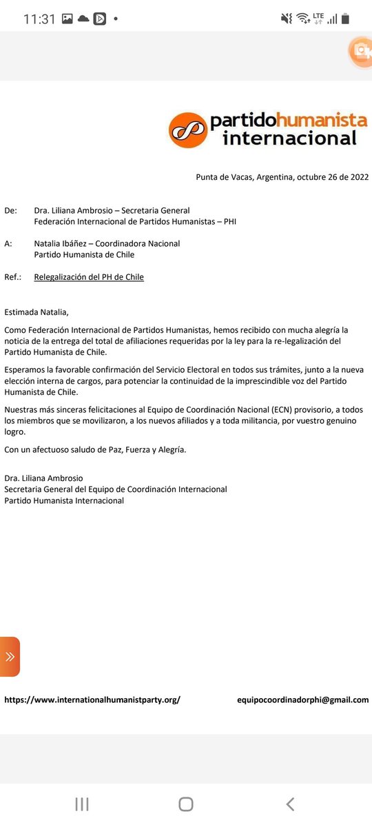 Ha llegado cartaaa desde el <a href="/PHI_ECI/">Partido Humanista Internacional</a> para todxs lxs humanistas del <a href="/phumanista/">Partido Humanista</a>  🥳✨🧡 Gracias <a href="/JuanLOrtizS/">Juan Luis Ortiz Soto</a> <a href="/ph_wallmapu/">PH Wallmapu</a> y <a href="/LilianaAmbroslo/">Liliana Ambrosio</a> por ser parte, por todo el apoyo moral, respaldo, animo, empuje y nunca dejar de creer 🥰