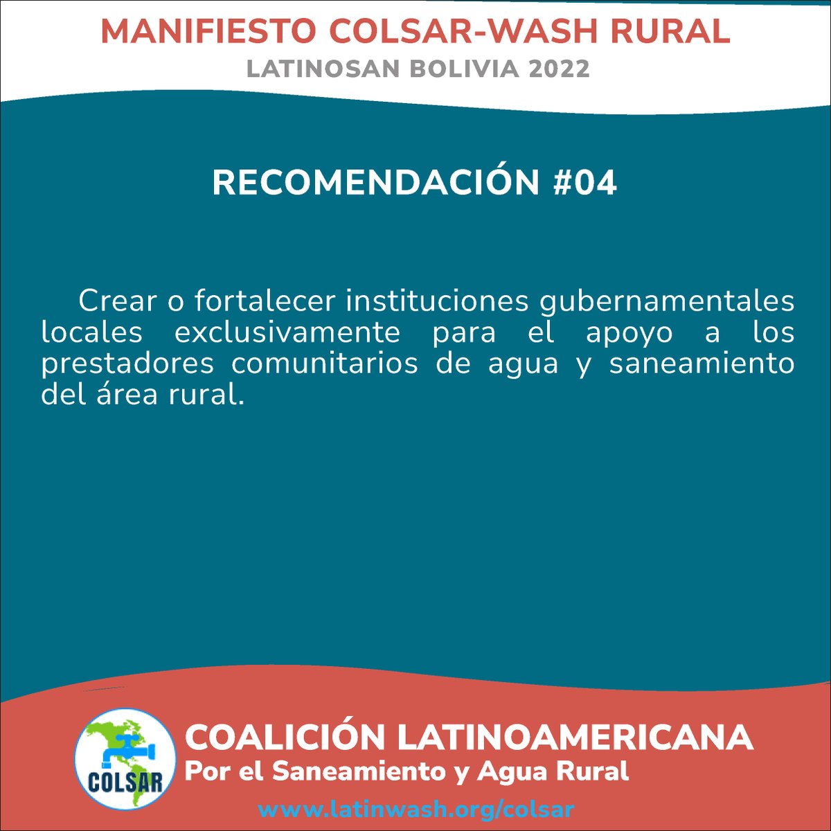 LatinWASH's tweet photo. #LATINOSAN Bolivia 2022 | MANIFIESTO COLSAR: Recomendaciones de COLSAR para lograr el acceso universal de agua y saneamiento en las áreas rurales de Latinoamérica
RECOMENDACIÓN 04:👇
Leer manifiesto: 👇https://t.co/viVc6FmZF9
#latinwash #washrural #ocsas #aguaysaneamientorural https://t.co/4mO2vWWfKO