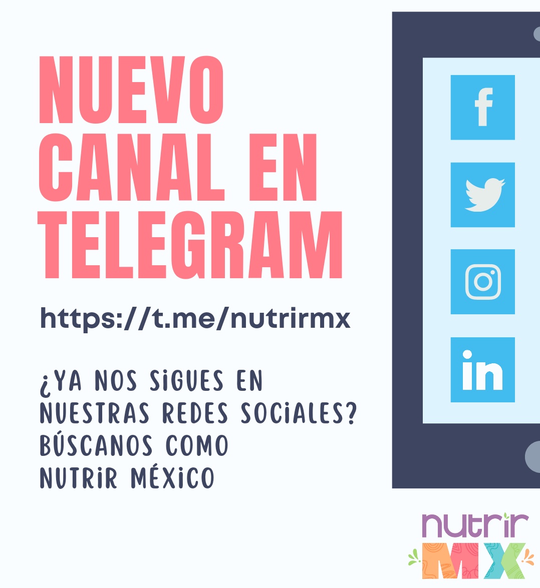 Hoy estrenamos canal en telegram, únete para compartir noticias, eventos, artículos y más sobre nutrición
t.me/nutrirmx
Además recuerda que estamos en Facebook, Instagram,Twitter y Linkedin, síguenos para no perderte toda la información de Nutrir México