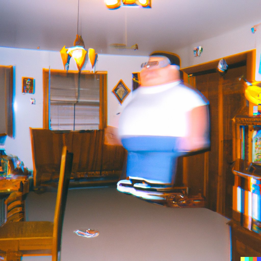 1993 disposable camera photograph of Peter Griffin levitating through an American home