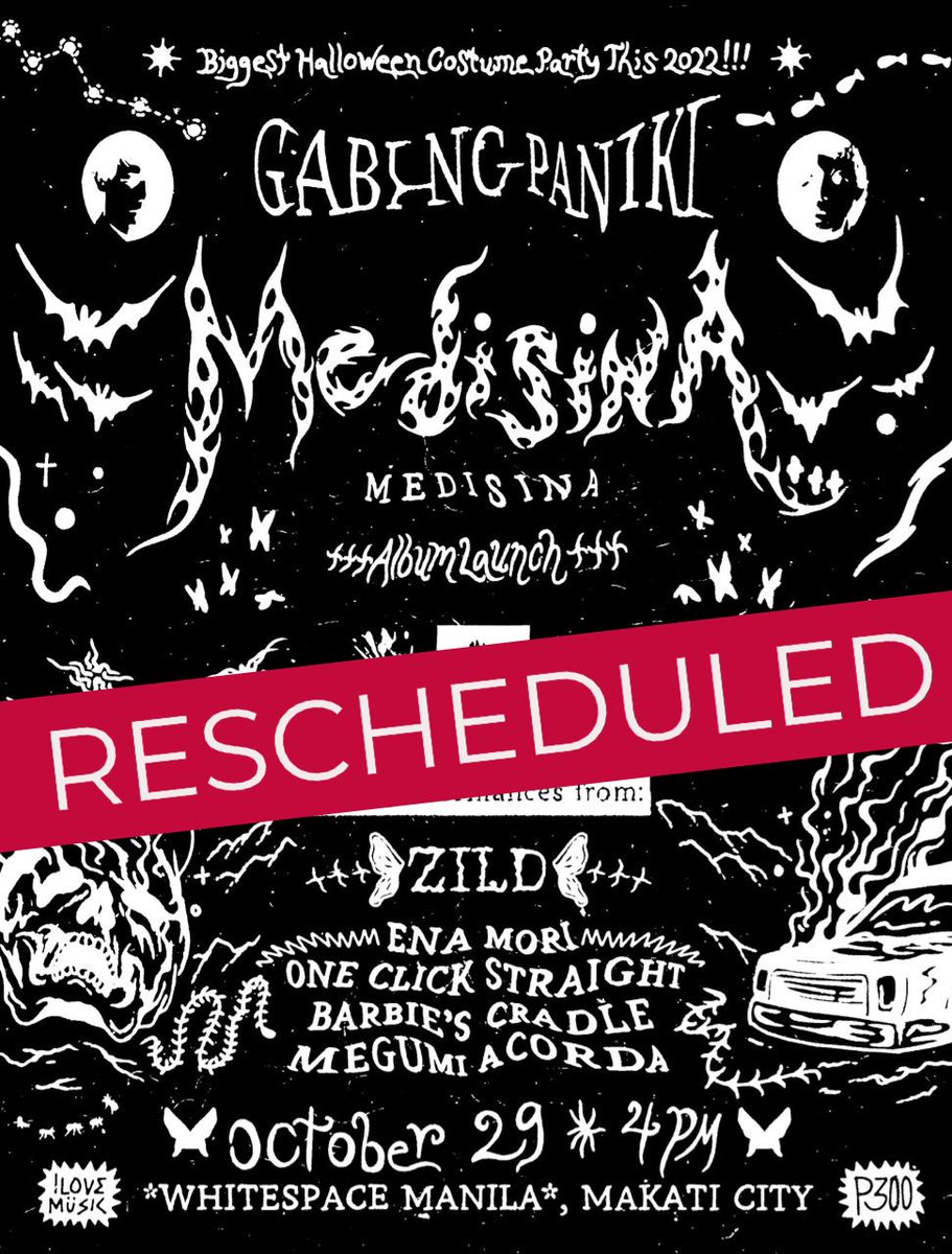 Due to the ongoing typhoon, <a href="/zildbenitez/">zild</a>’s Medisina album launch will be rescheduled. Details will be announced soon. Stay safe everyone.