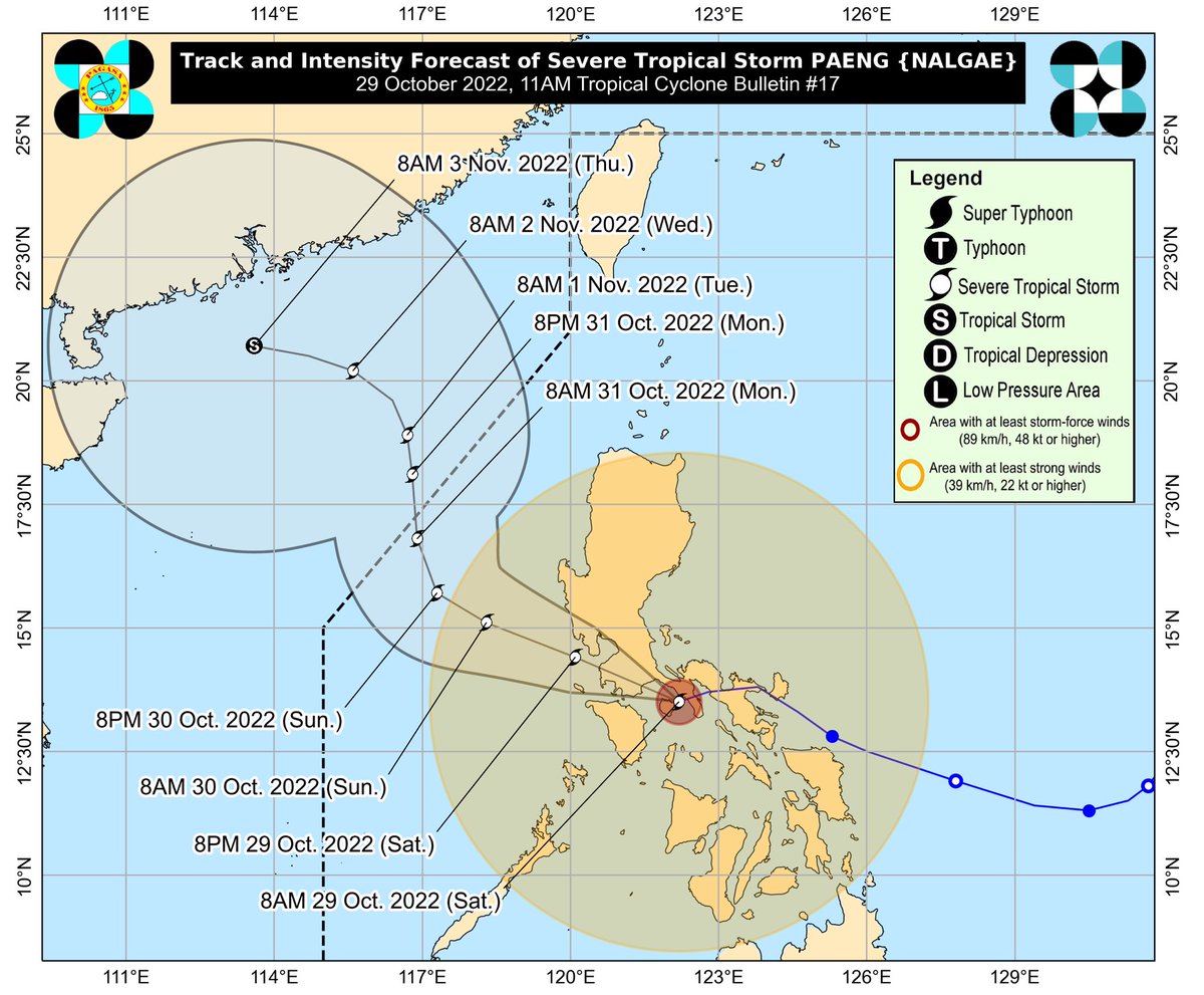 arielrojasPH's tweet photo. At 10 a.m. today, STS #PaengPH was in the vicinity of Mogpog, Marinduque with maximum winds of 95 kph and gusts up to 130 kph. It is moving west southwestward at 25 kph.

Paeng may make landfall over southeastern Batangas before crossing the Cavite-Manila-Bataan area. https://t.co/MphMb6b2JK