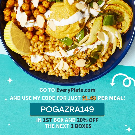 AzraBurner's tweet photo. Happy to announce that I’m partnering up with #EveryPlate this month! Go to https://t.co/0y5cYc2NFx and use code POGAZRA149 for just $1.49 per meal in 1st box and 20% off the next 2 boxes. #ad https://t.co/P7aX5RSbic