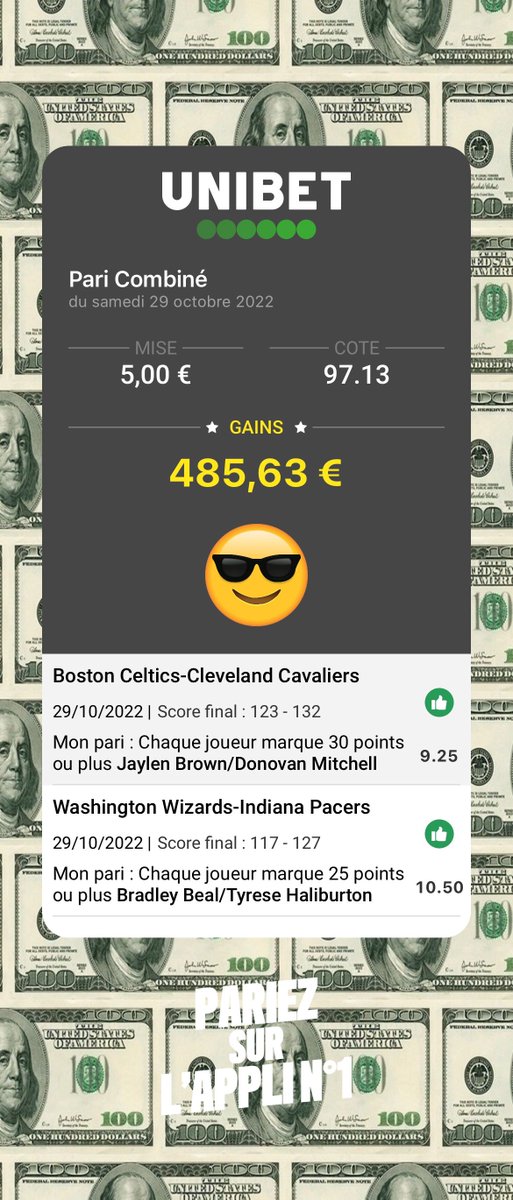 JokerTps's tweet photo. #NBA

RecapBet 📝

⚡️SCB • Tatum &amp; Mitchell 25 points @2,60 ✅

👉 M. Smart +5,5 passes @1,94 ✅

👉 J. Brown &amp; D. Mitchell 30 points + T. Haliburton &amp; B. Beal 25 points @97,13 ✅

FAITES MOI EXPLOSER CE TWEET QUEL NUIT INCROYABLE 🤑🤑✅

#NBATwitter #NBATwitterLive #TeamParieur https://t.co/Fh4aSW7Ffj