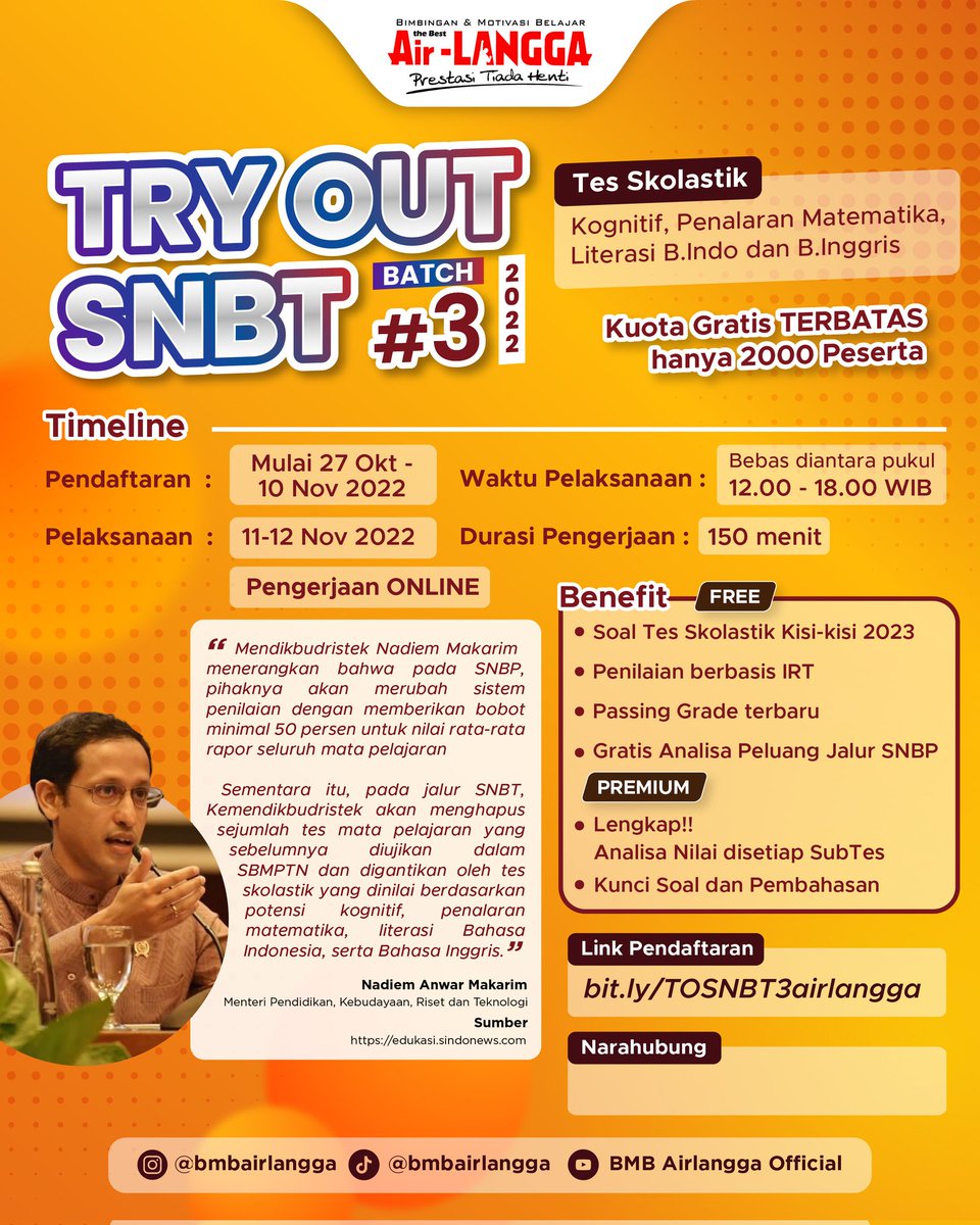 bmb_airlangga's tweet photo. ✨TRY OUT SNBT 2022✨
 
Hello, buat kalian pelajar kelas 12 SMA/Gapyear yang mau ngambis buat persiapan SNBT dan masuk kampus, gas ikutan TO SNBT ini. 

GRATIS!!! 🤩

Syarat dan ketentuan: 
1. follow akun @bmb_airlangga
2. like &amp; retweet postingan ini
3. tag 3 mutualmu https://t.co/tc6Np8qBnT