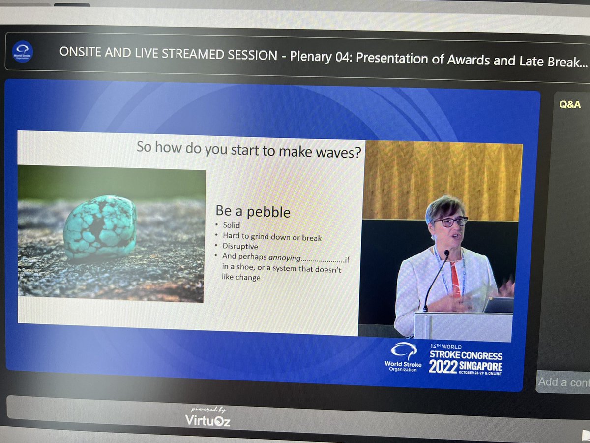 KhimKwah's tweet photo. Wonderful talk by Prof Julie @AVERTtrial on making waves💥 Let's continue to be pebbles, grounded in values and mission to improve stroke care. #beapebble #WSC2022 @worldstrokeorg @worldstrokeed https://t.co/pgoEr57lf6