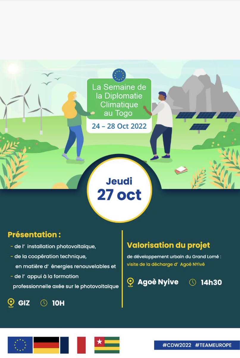 IngeBaumgarten's tweet photo. La 🇪🇺 European #ClimateDiplomacyWeek touche à sa fin! Au #Togo 🇹🇬, c'était l'occasion parfaite pour nous 🇩🇪 de présenter notre travail sur les énergies renouvelables à l'#UE, @GouvTg, aux entrepreneurs, ONG, stagiaires fem tech&médias.
#ActionClimat #solarenergy #GIZ #ProEnergie https://t.co/kVfLZJ0qSU
