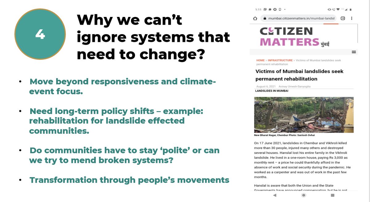‣ Climate change is a rights issue!
‣ The urban poor bear the brunt of #climatechange, without participating in emission induced consumption 
‣ Communities need to be centered in development plans to avoid furthering vulnerability through new infrastructure projects (2/3)
