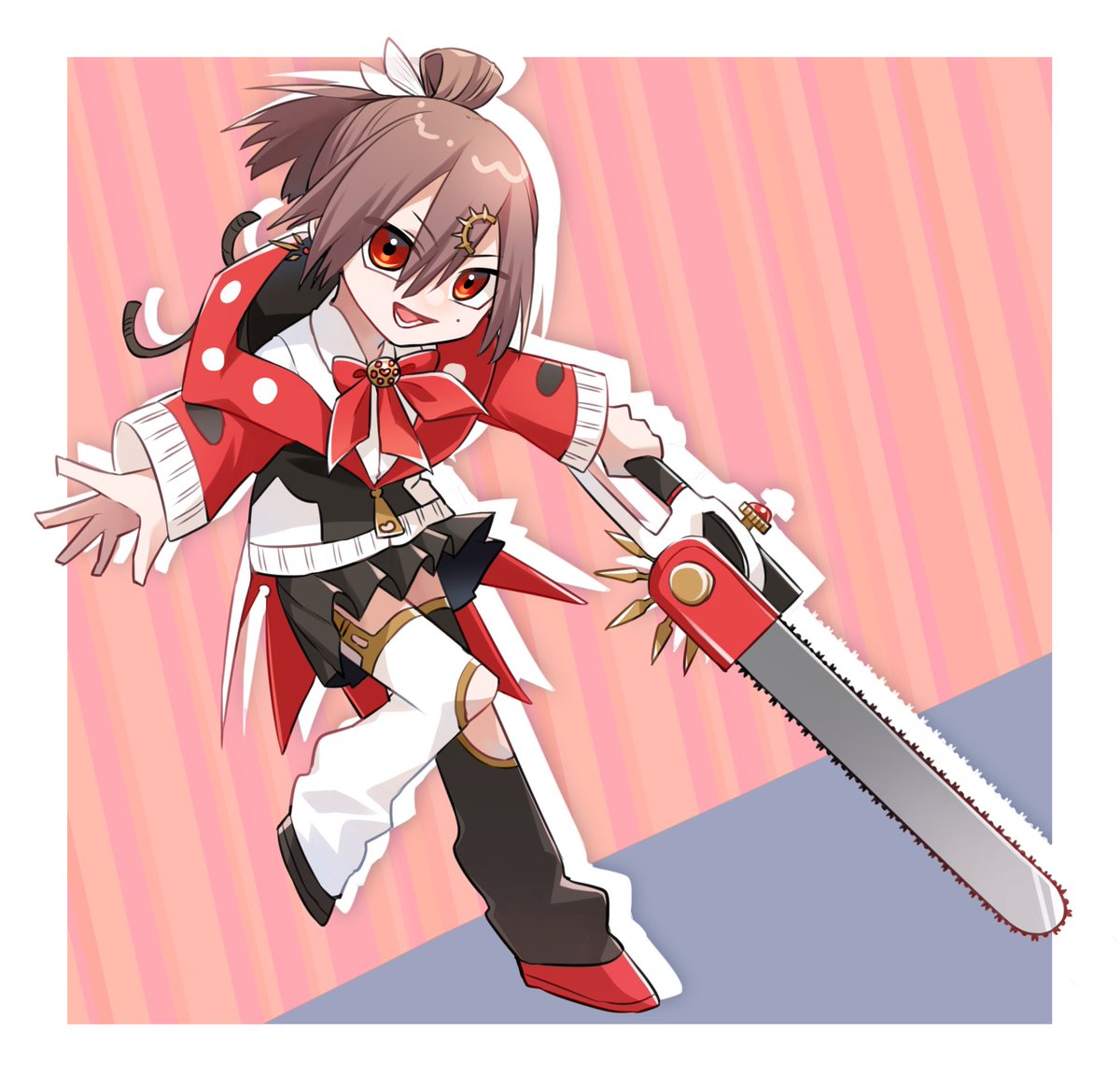 1girl brown hair skirt chainsaw red eyes pointy ears solo  illustration images