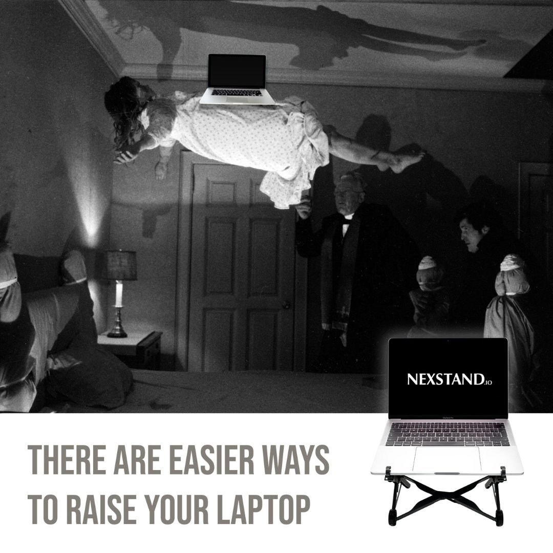 nexstand's tweet image. This one should lift your spirits!

This Halloween, there are easier ways to raise your laptop.

For more information visit nexstand.io

#Halloween #Spirts #Ghosts #Ergonomics 

Image shown: Lady in bedclothes floating to the ceiling with a laptop on her belly.