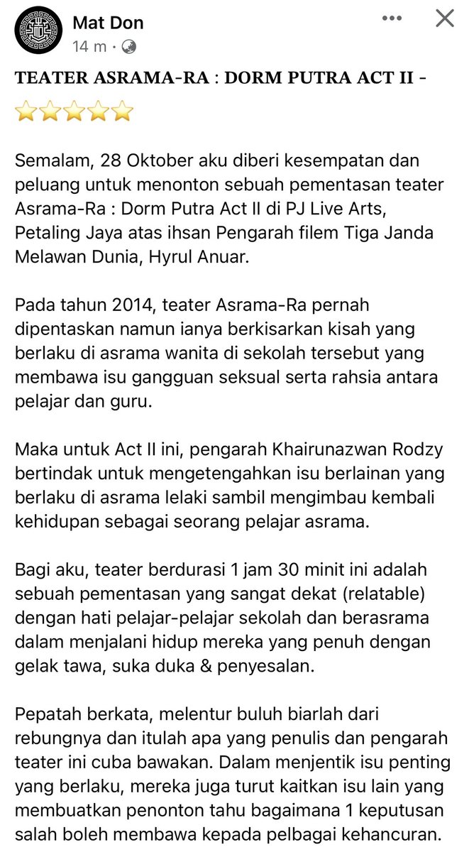 Don_Aziz's tweet photo. Teater Asrama-Ra : Dorm Putra Act II - ⭐️⭐️⭐️⭐️⭐️
Jemput baca ulasan Mat Don mengenai sebuah pementasan teater yang penuh dengan gelak tawa, suka duka dan penyesalan sebagai seorang pelajar.
@Taqim_Zaki @FadhliMasoot @RealFimieDon @HanZalini @_Nam_Ron_
#ASRAMARADORMPUTRA https://t.co/mH5pTlu5fT