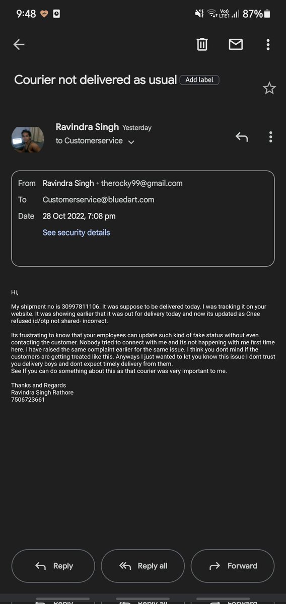 ravindra414's tweet photo. @BlueDartCares Delivery person update failed delivery w/o even attempting, no reply on email, cant connect on toll free no. Have blue dart given up on customer service? https://t.co/55Tv8asv0d