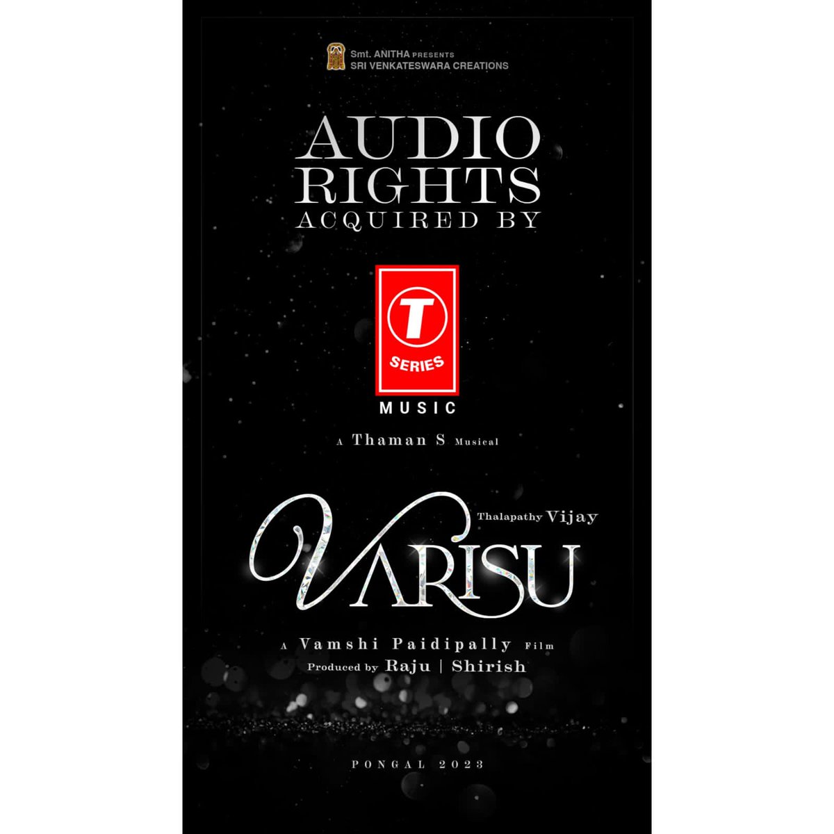 T-Series joins hand with Sri Venkateswara Creations as Bhushan Kumar acquires music rights of Thalapathy Vijay’s upcoming movie “Varisu” The film is directed by Vamshi Paidipally and music by Thaman.S, the film stars Thalapathy Vijay and Rashmika Mandanna #Thalapathy