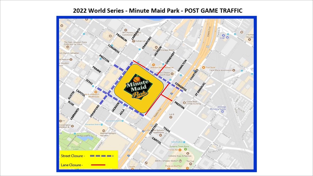 Thats a wrap for Game 1 of the #WorldSeries. A reminder to attendees to exercise patience and expect delays in the area of @MinuteMaidParks as you leave. #HouTraffic