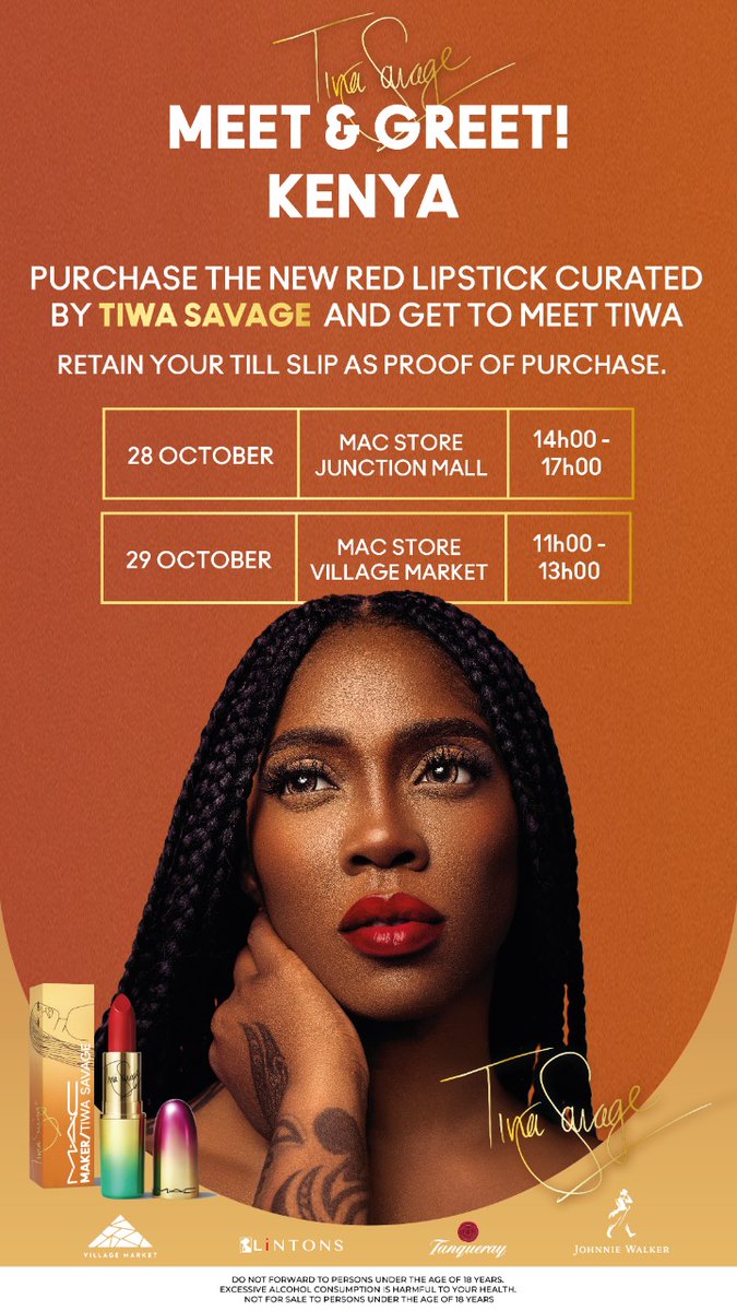 BobsonFadhili's tweet photo. Shop a #Macmaker limited edition lipstick now and ๐ฝ๐ ๐ฝ๐๐๐ฟ ๐ผ๐๐ฟ ๐ฝ๐๐ผ๐๐๐๐๐๐๐.
The #MACxTiwa Lipstick is in a bright red shade and Matte finish,which is long wearing for up to 10 hours.
Grab a #MACCosmeticsafrica product now as you interact with @TiwaSavage ๐. https://t.co/2FkOrthwLo