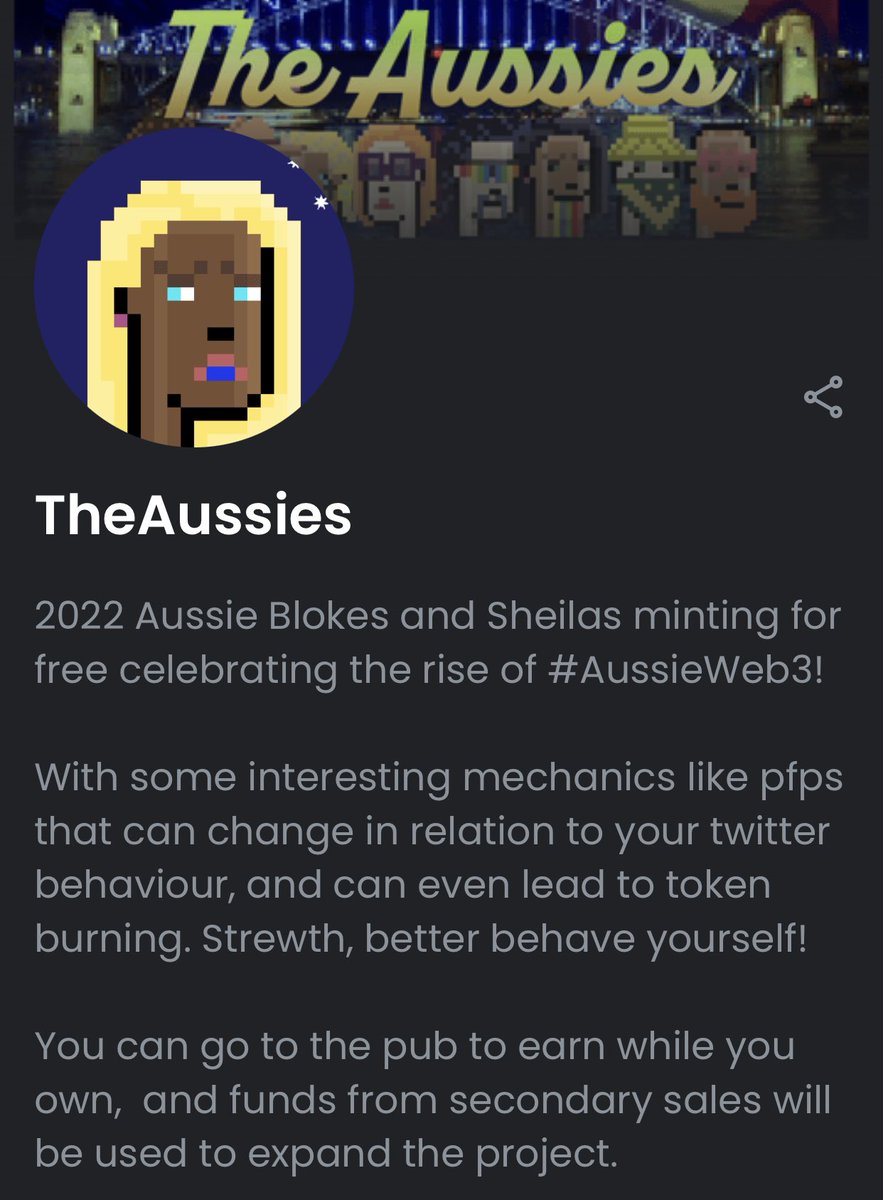 Let’s go Aussies. <a href="/TheAussies_NFT/">The Aussies</a> cheap entry 0.004 atm, and more than just cool art 🤯<a href="/to_jear/">Boho</a> scarce supply of 2022 to celebrate the #aussiefollowaussie push you started. 

Tag some mates and LFG! 

<a href="/chahine_eth/">chahine</a> <a href="/dropte_eth/">Dropte.eth 🥝</a> <a href="/dimsn168/">dimsn 🇦🇺</a> <a href="/ensaus_eth/">ensaus.eth ens🇦🇺.eth</a>