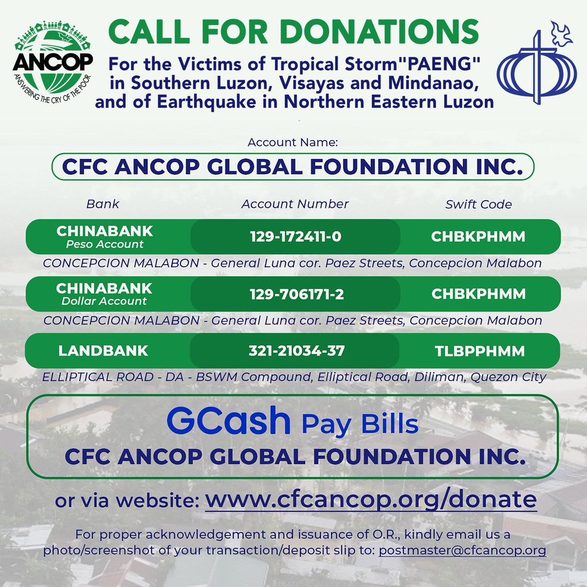 cfc_ancop_'s tweet photo. Let us all help our brothers and sisters affected by Tropical Storm #PaengPH in Southern Luzon, Visayas, and Mindanao and the Earthquake in Northern Eastern Luzon. 

You may donate through our bank accounts and GCash Pay bills!

Stay safe, everyone! #ancopfamily #ancop https://t.co/fveQEtxYtx
