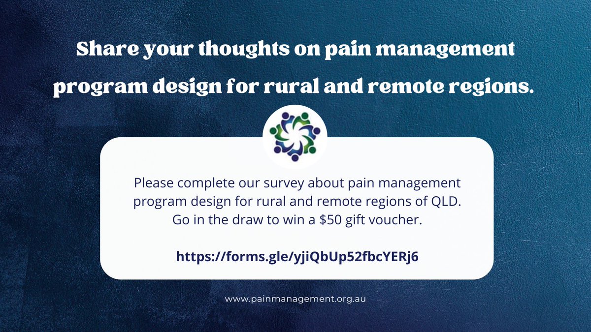 We're gathering feedback on pain mgmt program design for rural &amp; remote QLD. Please complete our survey. Australian participants only. forms.gle/yjiQbUp52fbcYE…