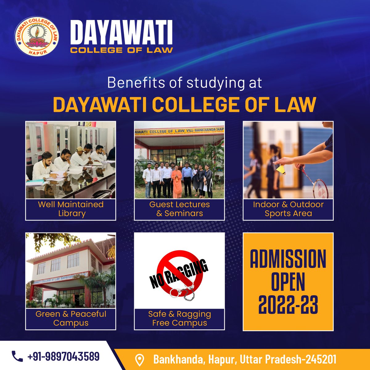 DCLHapur's tweet photo. Here are some Benefits of studying at Dayawati College of Law. 
✓ Well Maintained Library
✓ Guest Lectures &amp; Seminars
✓ Indoor &amp; Outdoor Sports Area 
✓ Green &amp; Peaceful Campus 
✓ Safe &amp; Ragging Free Campus

For more information, visit our website.
.
.
#dayawaticollegeoflaw https://t.co/rB5ZiYrScJ