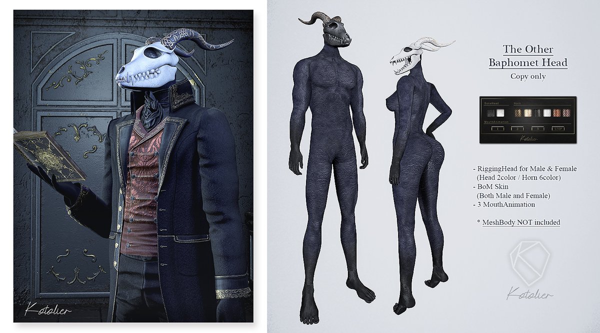 kotolier_SL's tweet photo. Kotolier new item @ TWS - 10.2022

Event 10/24 - 11/18

Kotolier . The Other Baphomet Head
https://t.co/59pGKDFWBC

Kotolier . The Other Mask / The Other Broken Mask / The Other Deco Horn
https://t.co/2UjXe8LppB

EventURL : https://t.co/sE3cBapoph

#SLJP #Secondlife #Kotolier https://t.co/UxN697R6kB